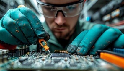Close-up of technician repairing motherboard