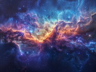 Fototapeta premium space background with glowing huge nebula with young stars, equirectangular projection