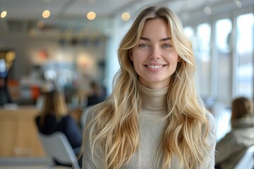 Obraz premium A beautiful blonde girl in a beauty salon smiles and looks at the camera