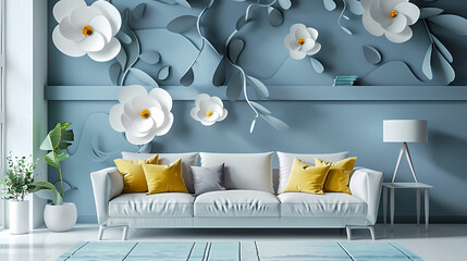 Living room interior. Comfortable sofa, window, chair and house plants. 