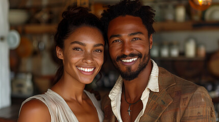Fototapeta premium Happy Black Couple Smile. Marriage. Love. Relationship. Family. Female and Male. Smiling. Happiness. Woman and Man. Romantic. Romance