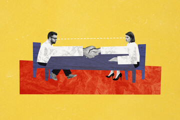 Composite photo collage of serious business man girl sit table log hand shake partnership success...