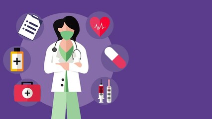 female doctor and some medical equipment, perfect for international day, health day, medical, celebrate, greeting card, etc.