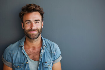 A close up portrait of a young man with a subtle smile