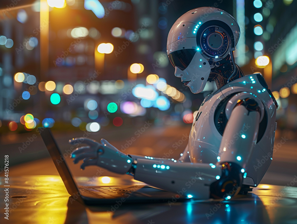 Aufkleber chat bot chat with ai or artificial intelligence technology. woman using a laptop computer chatting 