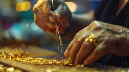 Create an image of gold jewelry being crafted by a skilled artisan, highlighting the craftsmanship and detail involved in jewelry making.