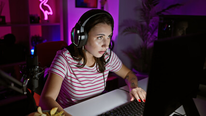 Focused woman with headphones using computer in a dimly lit gaming room at night.