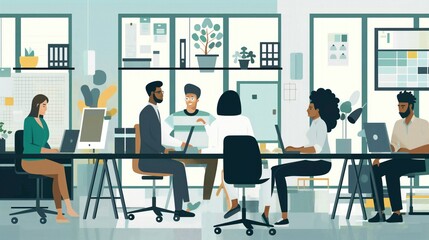 A diverse team of professionals collaborating in a modern office. The scene should show teamwork and leadership, with a focus on digital devices and a bright, open workspace.
