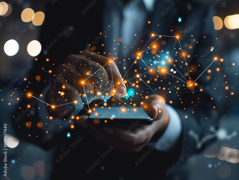 Poster businessman using mobile smartphone and icon network connection data with growth graph customer, dig