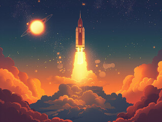 Fototapeta premium Launch of Space,Spaceship takes off into the night sky.Rocket starts into space concept 