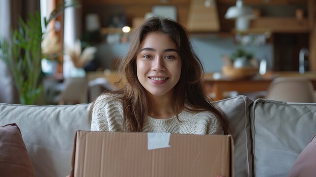 Woman unpacking unboxing cardboard carton box with protective foam pads inside after buying ordering online via internet a present good.