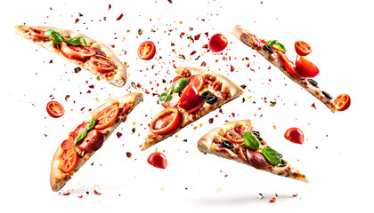 Flying slices of tasty pizzas on white background