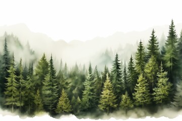Fototapeta premium A misty forest with tall evergreen trees spread across the landscape, creating a serene and tranquil atmosphere.