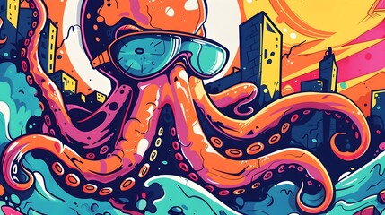Obraz premium Badboy Octopus Thriving in Vibrant Urban Graffiti Landscape