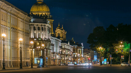Saint Isaac's cathedral from the Palace square night timelapse in Saint Petersburg, Russia.