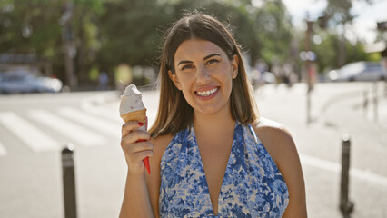 Summertime delight, beautiful hispanic woman enjoying delicious ice cream cone on a sunny day in nara, japan's luscious park, her cheerful smile reflecting holiday fun and outdoor adventures