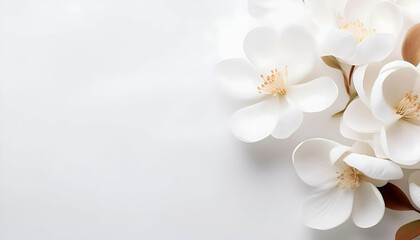 a bunch of white flowers with yellow center on a white background, empty space 