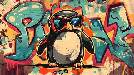 Obraz premium Colorful Graffiti Inspired Penguin in Sunglasses on Urban Wall Mural
