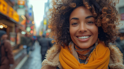 Black Female Woman on Vacation Holiday in Asia at Winter time