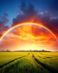 Naklejka premium A vibrant sunset illuminates the sky with a gradient of deep oranges and purples. A rainbow arches over a green field lined with paths, creating a serene and magical landscape.