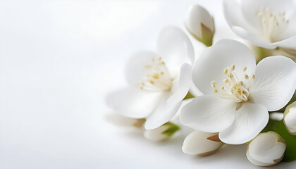 Obraz premium white flowers on a white background surface with empty space 