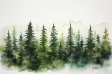 Fototapeta premium A serene watercolor painting of a dense evergreen forest with misty mountains in the background.