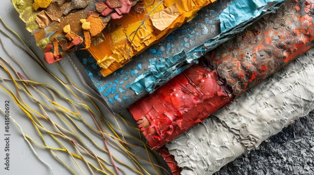 Poster design a heavily textured, handmade paper with a variety of embedded fibers and materials, emphasizi