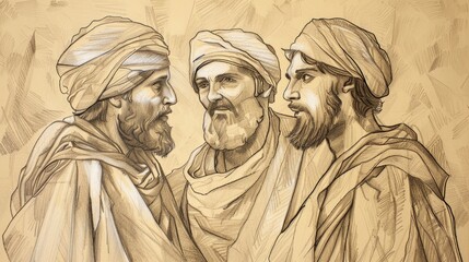 Fototapeta premium Divine Insight in Genesis 40: Joseph Interprets Cupbearer's and Baker's Dreams - Biblical Illustration on Beige Background with Copyspace for Faith-Based Themes