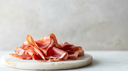 Delicate Slices of Cured Meat on a White Marble Plate