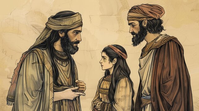Justice and Lineage in Genesis 38: Judah and Tamar, Birth of Perez and Zerah - Biblical Illustration on Beige Background with Copyspace for Faith-Based Themes