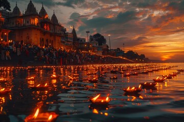 A large group of people are gathered on the banks of a river
