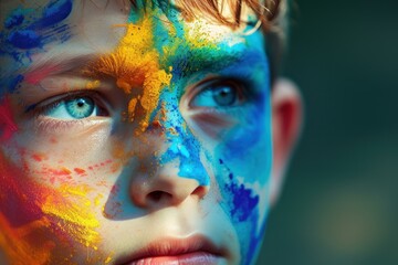 Portrait of a child with a vibrant splash of face paint, showcasing creativity and expression