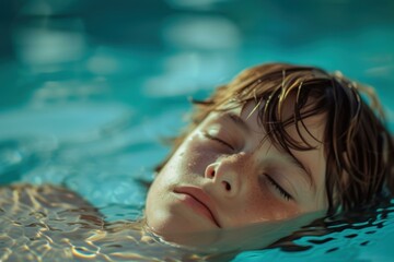 Peaceful young boy with closed eyes floats on water, bathed in golden sunlight