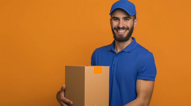 Half-body HDR image of a smiling courier in blue uniform carrying a cardboard box against a orange background, isolated on the right. Depicts efficient delivery services and customer satisfaction