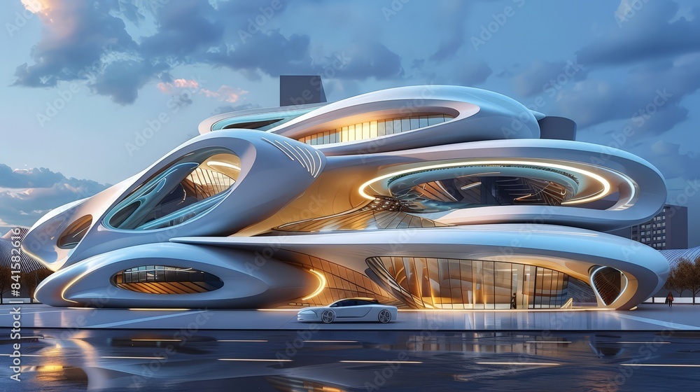 Poster design a picture of a futuristic building with curved lines and advanced materials, depicting the vi