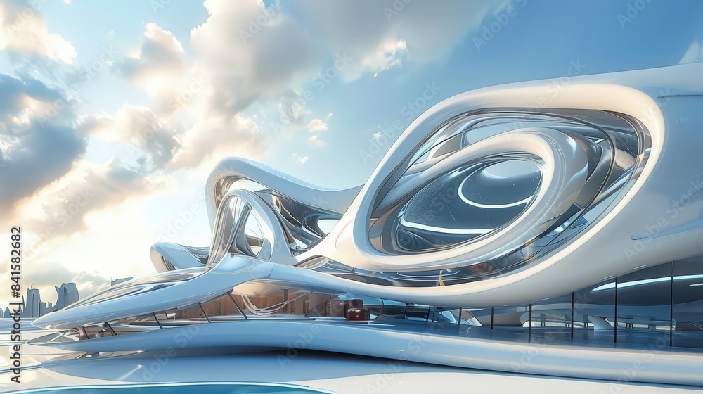 Poster design a picture of a futuristic building with curved lines and advanced materials, depicting the vi