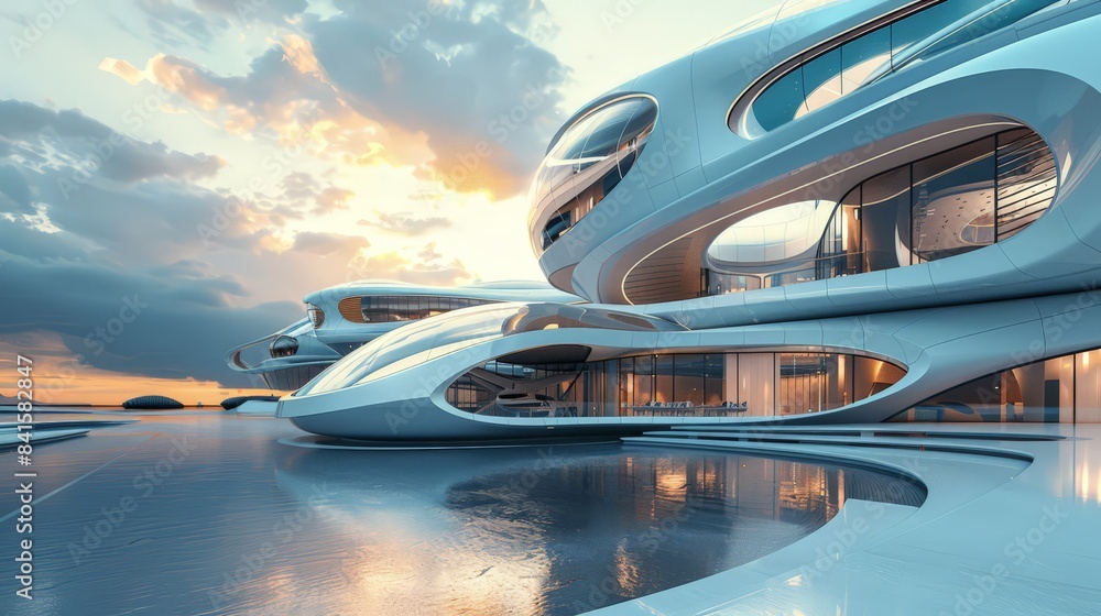 Poster design a picture of a futuristic building with curved lines and advanced materials, depicting the vi