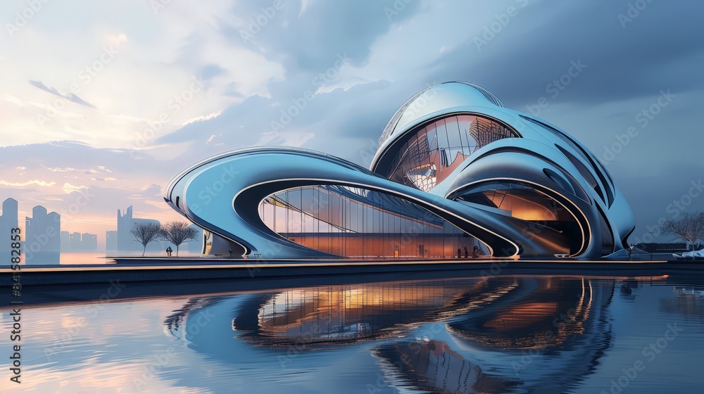 Poster design a picture of a futuristic building with curved lines and advanced materials, depicting the vi