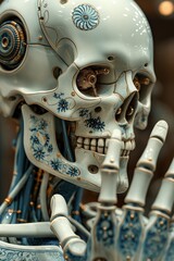 Porcelain robot skull with cyberpunk elements displays elegance and mechanical nuances