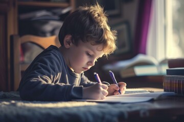 Focused young child intently drawing in a warm, natural light setting indoors