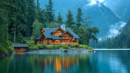 Fototapeta premium Serenity of a rustic cabin by a misty lake in forested mountains, a tranquil getaway in nature