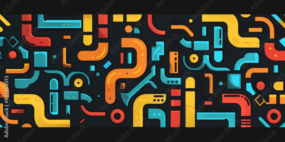 Poster a vibrant, flat vector pattern of simple shapes and lines forming an intricate maze on a black backg