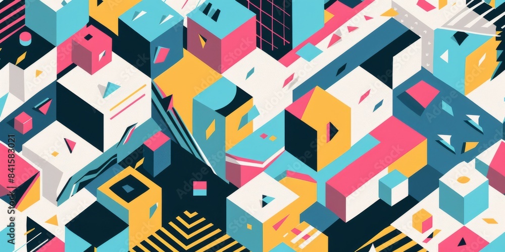 Poster a colorful pattern with geometric shapes and lines, designed in the style of an isometric perspectiv