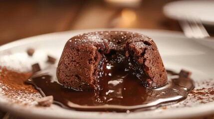 Design a picture of a molten chocolate lava cake with warm, gooey chocolate flowing out as it's cut open.