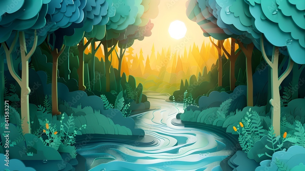 Poster mesmerizing papercut forest stream with sunlight filtering through the leaves