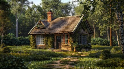 Fototapeta premium Design a picture of a quaint, countryside cottage surrounded by nature, evoking a sense of peace and rural charm.