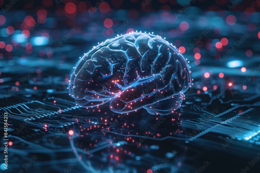 Poster digital brain with neural network glowing on electronic circuit board, symbolizing artificial intell
