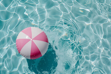 Top view of a pink and white inflatable beach ball on the corner of a pool, beautiful vacation background