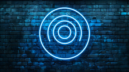blue neon light target, brick wall background