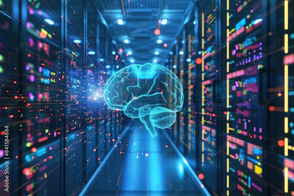 Poster 3d illustration of a glowing brain in a futuristic data server room symbolizing ai and machine learn